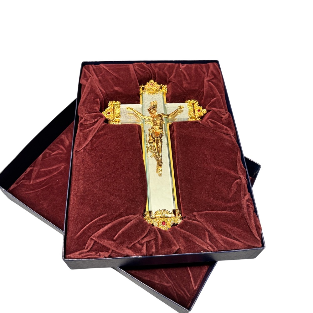 The Franklin Mint Crucifix Jewel of the Renaissance Ornate Glass Gold Cross VTG